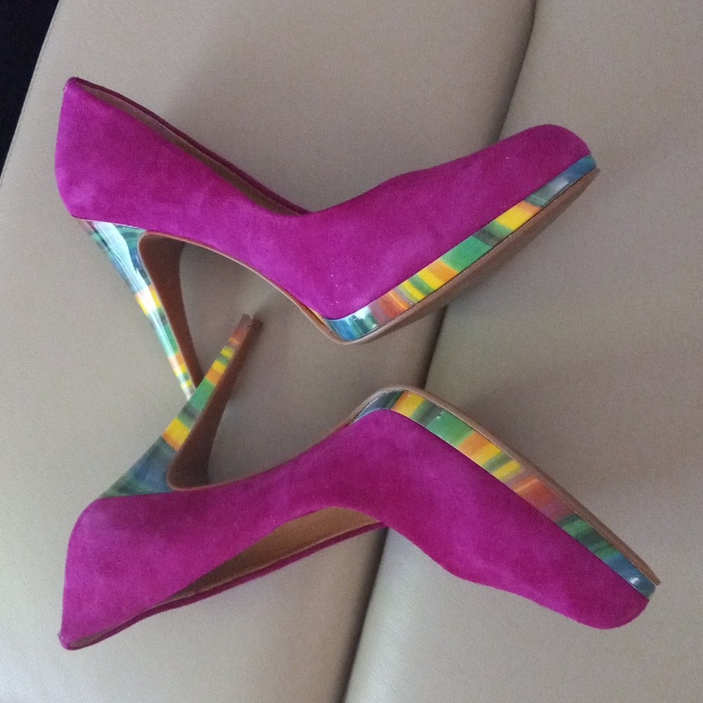 Nine West Rocha Fuchsia Suede Pumps with Multicolor Striped Heel Size 9M - Picture 10 of 17